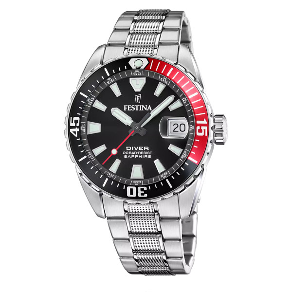 Orologio Diver Uomo Festina The Originals F20669/6 – Cassa Acciaio 41 mm, Quadrante Nero, Bracciale in Acciaio Inossidabile
