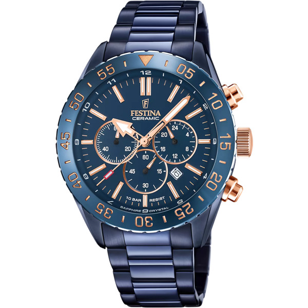 Orologio Festina F20576/1 – Cronografo Uomo in Acciaio Blu con Quadrante Blu e Dettagli Oro Rosa