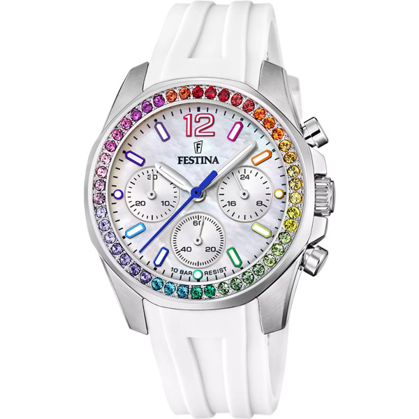 Orologio Festina F20610/2 – Cronografo Donna con Quadrante Madreperla e Ghiera con Zirconi Multicolore