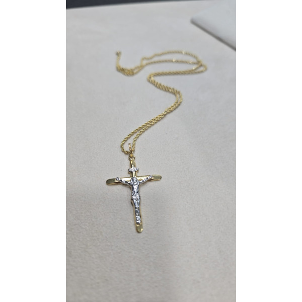 Collana oro 750 maglia fune 50 cm con croce bicolore e Cristo