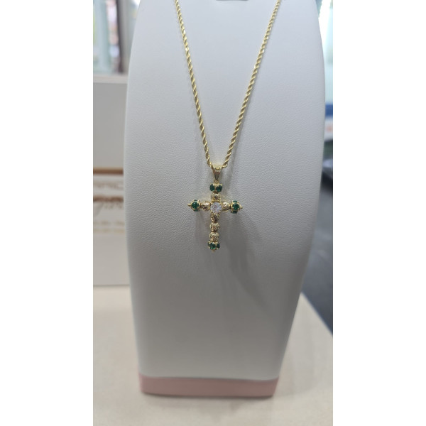Collana oro 750 corda 45 cm con croce mille luci Swarovski verdi