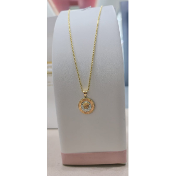 Collana Fune in Oro 750 da 60 cm con Ciondolo Tondo Zirconato Greca e Medusa Versace