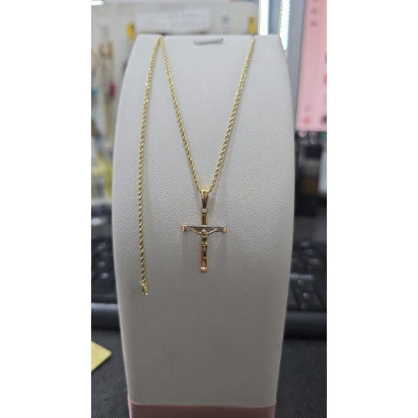 750 ‰ Completo in Oro 750 – Bracciale a Funetta, Collana a Funetta e Croce Bicolore con Gesù