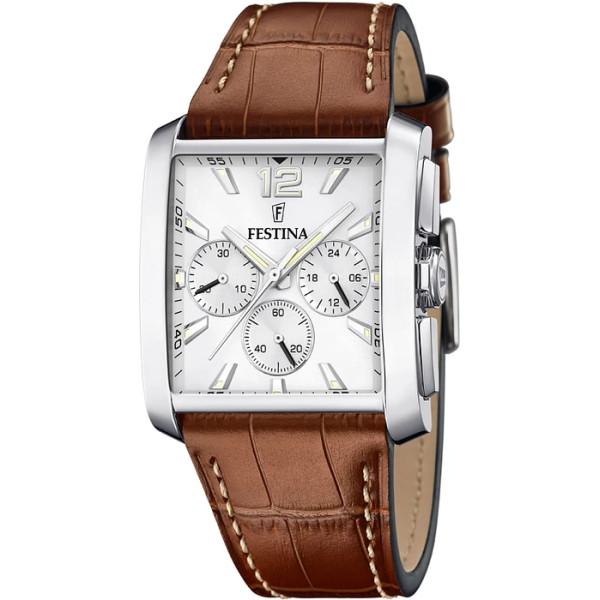 Orologio Cronografo Uomo Festina  F20636/1 – Cassa Rettangolare in Acciaio 38mm, Quadrante Argento, Cinturino in Pelle Marrone