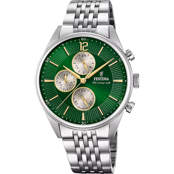 Orologio Cronografo Uomo Festina Timeless Chronograph F20285/9 – Cassa Acciaio 41,5 mm, Quadrante Verde, Bracciale in Acciaio