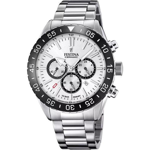 Orologio Cronografo Uomo Festina Ceramic F20575/1 – Cassa Acciaio 44 mm, Quadrante Bianco, Bracciale in Acciaio